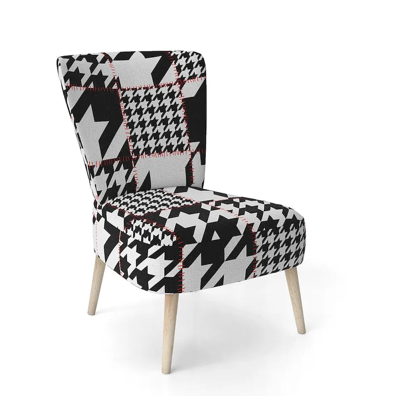 Fauteuil d'appoint style Mid-Century en tissu à motif pied-de-poule classique