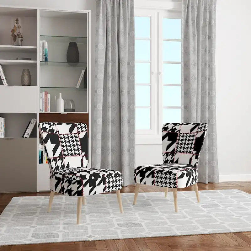 Fauteuil d'appoint style Mid-Century en tissu à motif pied-de-poule classique