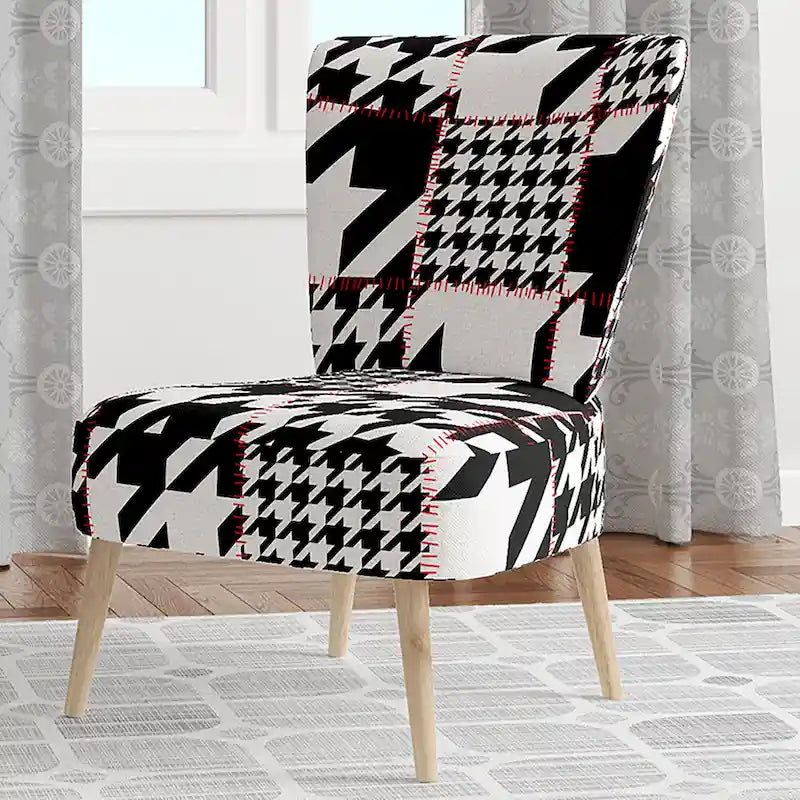 Fauteuil d'appoint style Mid-Century en tissu à motif pied-de-poule classique