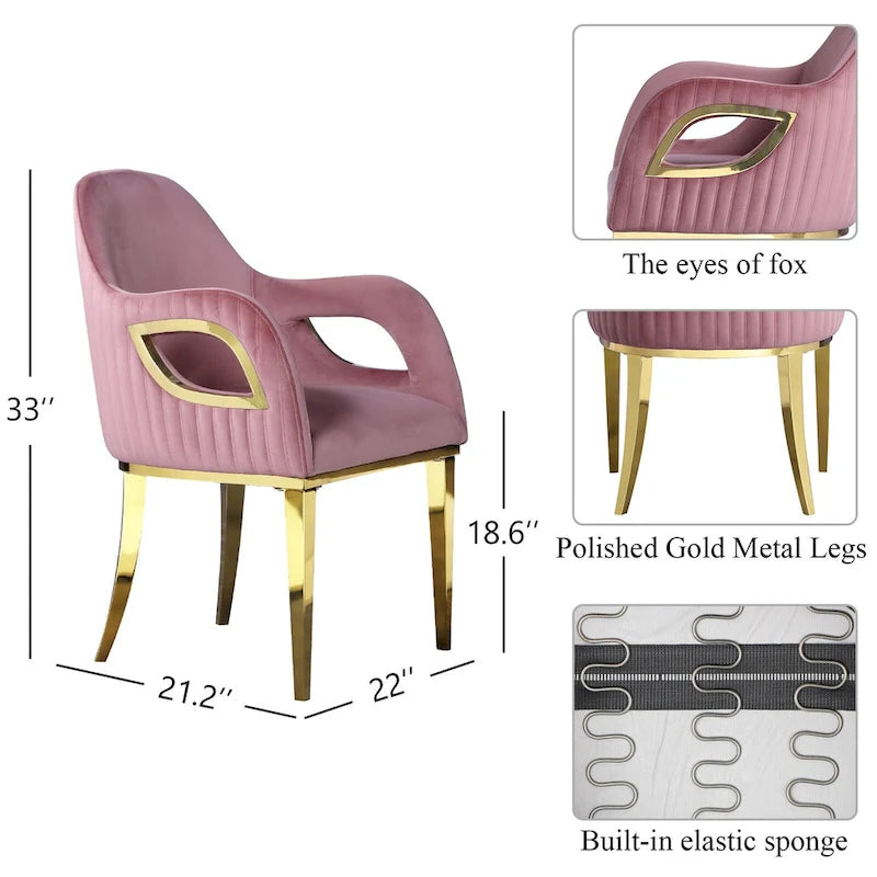 Fauteuils Chaises d'appoint en velours avec accoudoirs Fox-Eye et pieds en acier inoxydable poli miroir