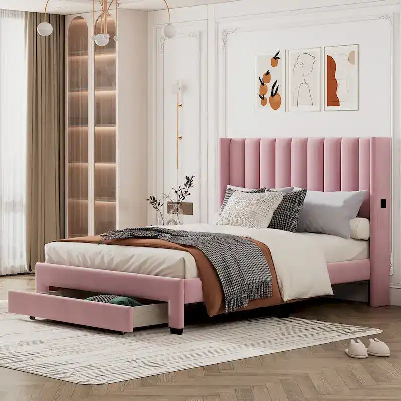 Velvet Upholstered Platform Bed with Big Drawer