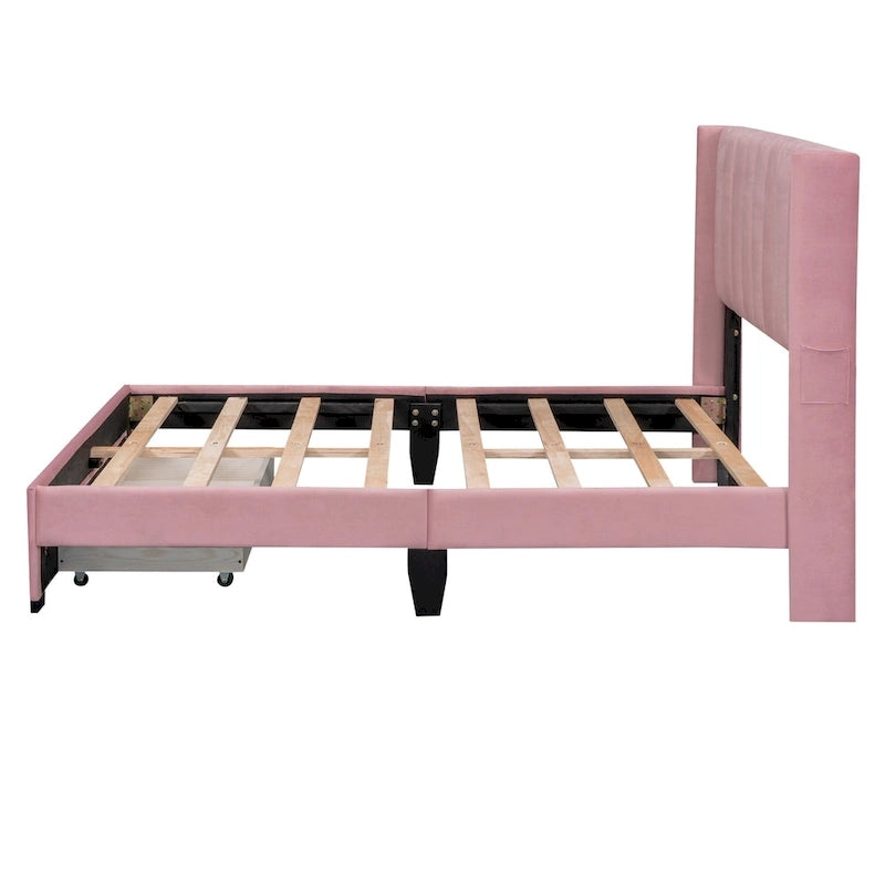 Lit plateforme capitonné en velours avec grand tiroir