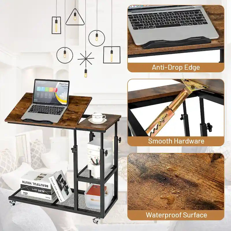 Table d'appoint en C réglable en hauteur, bureau mobile pour canapé avec roulettes