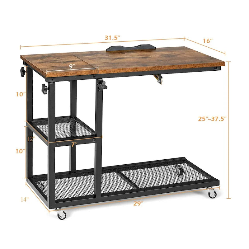 Table d'appoint en C réglable en hauteur, bureau mobile pour canapé avec roulettes