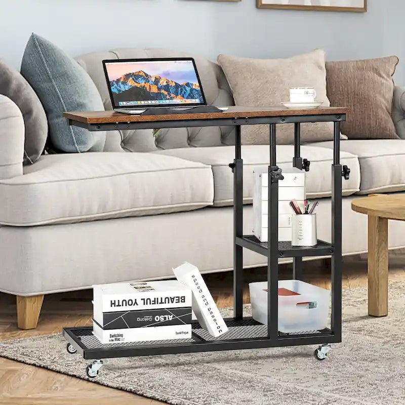 Table d'appoint en C réglable en hauteur, bureau mobile pour canapé avec roulettes