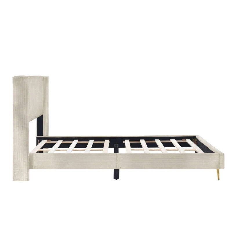 Lit plateforme élégant en bois tapissé avec tête de lit capitonnée