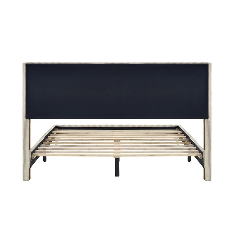Lit plateforme élégant en bois tapissé avec tête de lit capitonnée