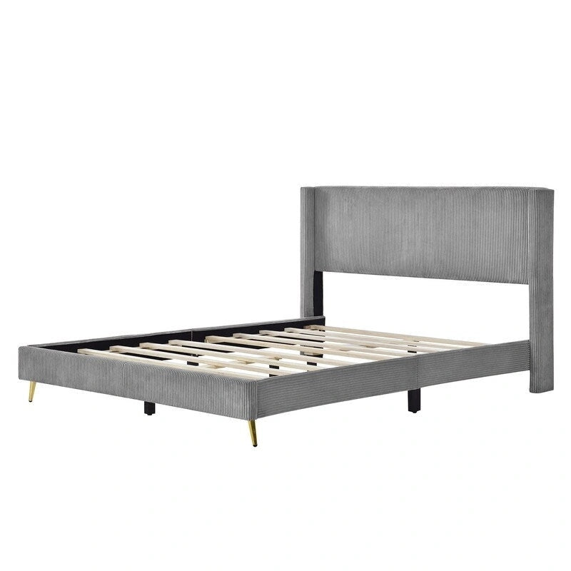 Lit plateforme élégant en bois tapissé avec tête de lit capitonnée