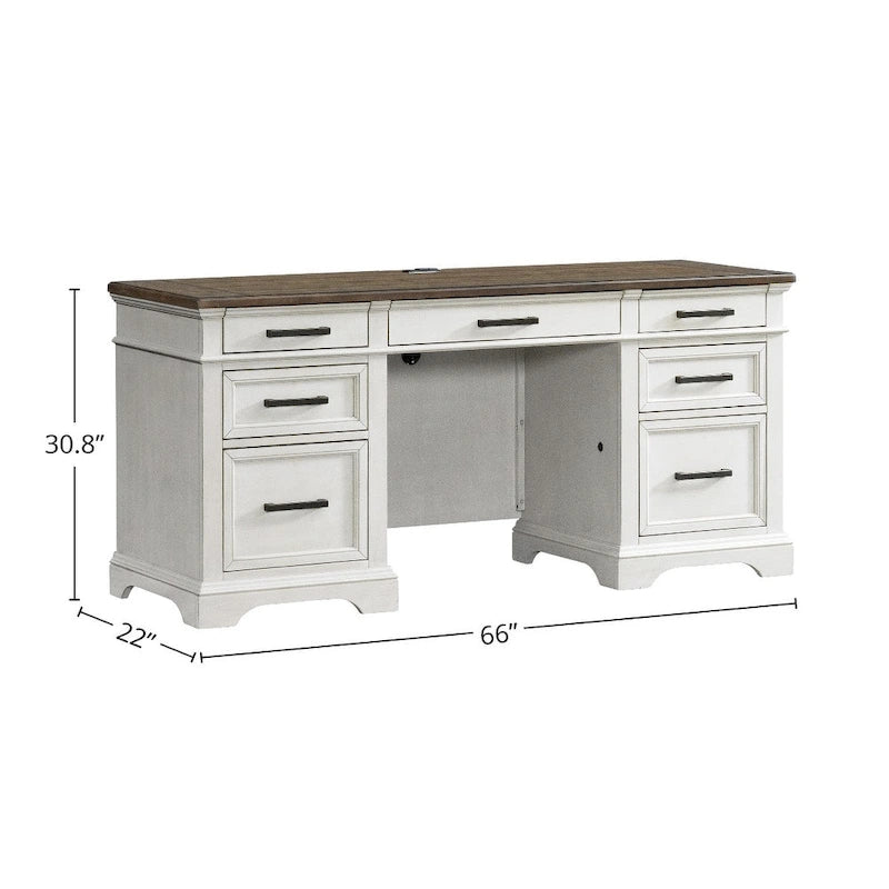 Buffet de bureau 66 po de largeur, blanc rustique et chêne français