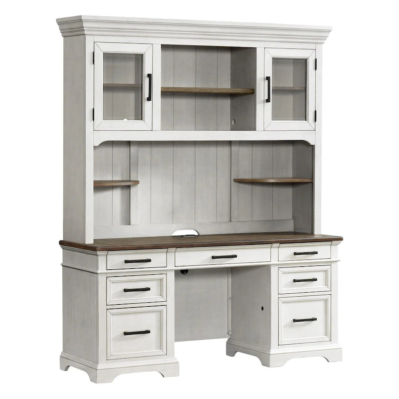Buffet de bureau 66 po de largeur, blanc rustique et chêne français