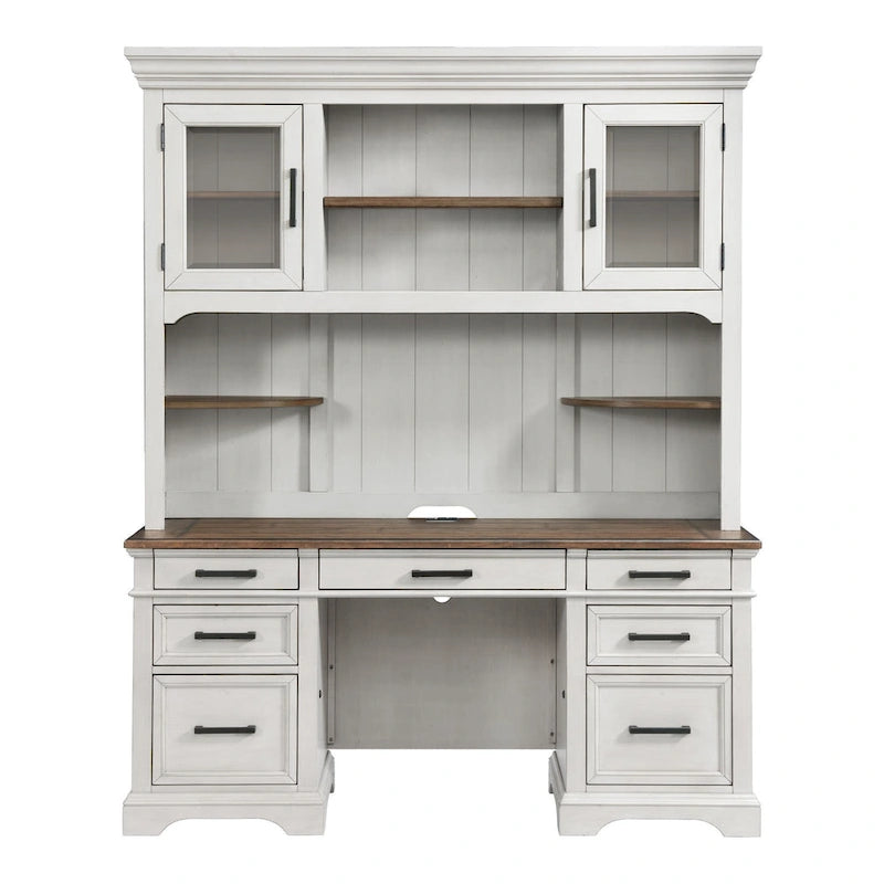 Buffet de bureau 66 po de largeur, blanc rustique et chêne français