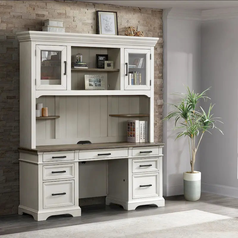 Buffet de bureau 66 po de largeur, blanc rustique et chêne français