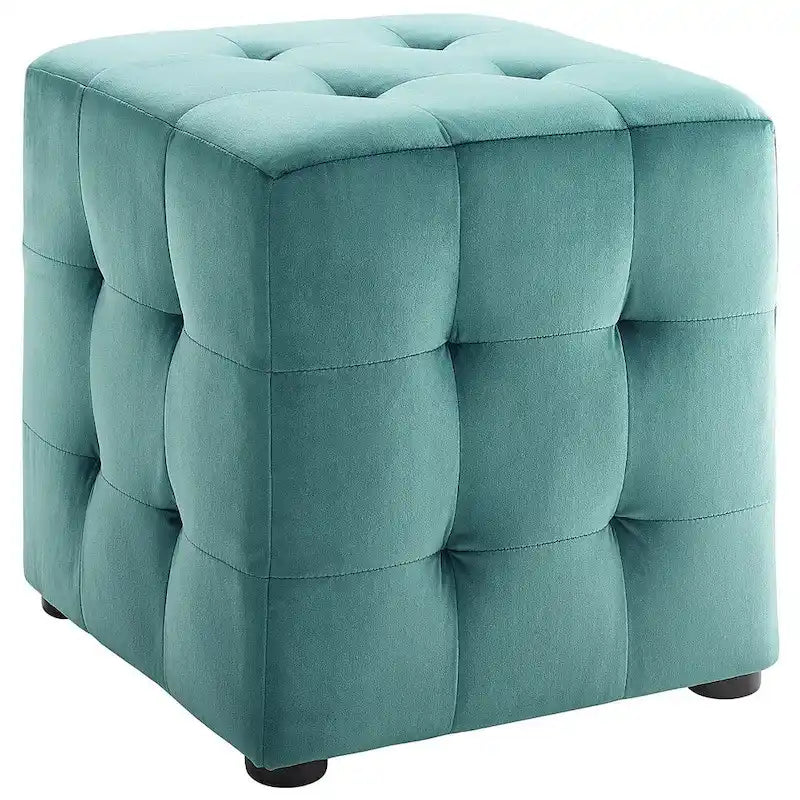 Ottoman cube capitonné en velours sarcelle
