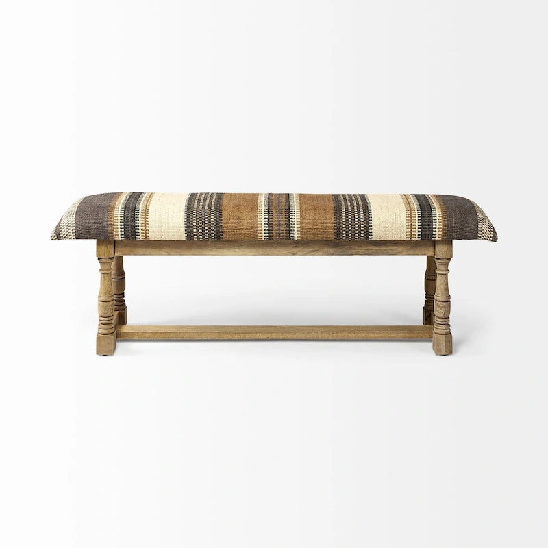 Banc d'appoint en jute à motif marron et beige avec cadre en bois - 59 L x 14,3 P x 19 H