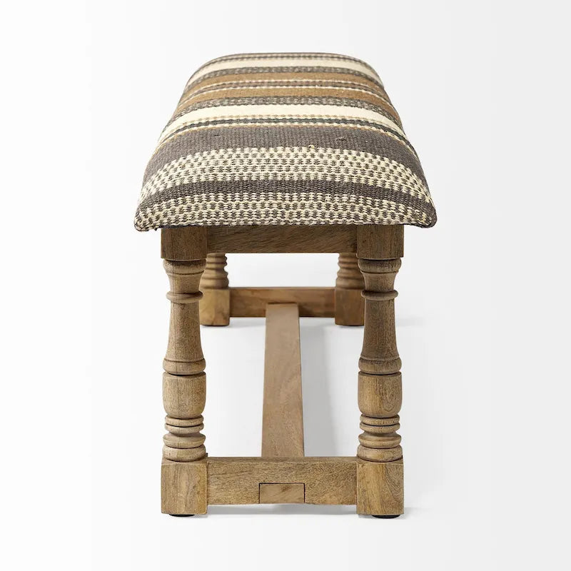 Banc d'appoint en jute à motif marron et beige avec cadre en bois - 59 L x 14,3 P x 19 H