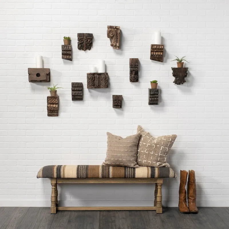 Banc d'appoint en jute à motif marron et beige avec cadre en bois - 59 L x 14,3 P x 19 H