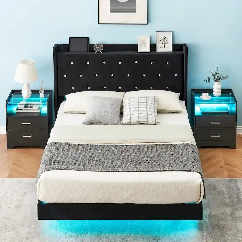 Cadre de lit flottant moderne en velours avec lumières LED
