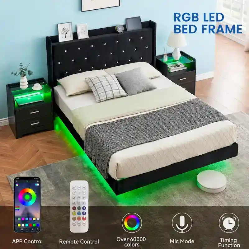 Cadre de lit flottant moderne en velours avec lumières LED