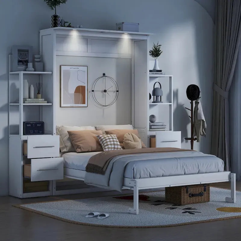 Lit Mural Escamotable Grand Format avec Étagères, Tiroirs et Lumières LED, pour Filles, Garçons, Adolescents, Pas de Sommier Tapissier Requis