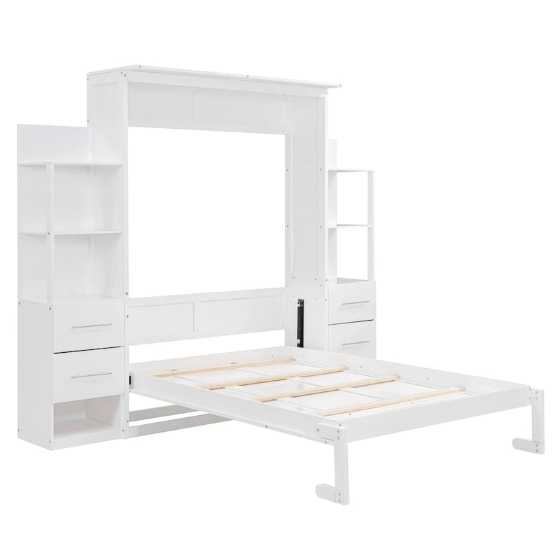 Lit Mural Escamotable Grand Format avec Étagères, Tiroirs et Lumières LED, pour Filles, Garçons, Adolescents, Pas de Sommier Tapissier Requis