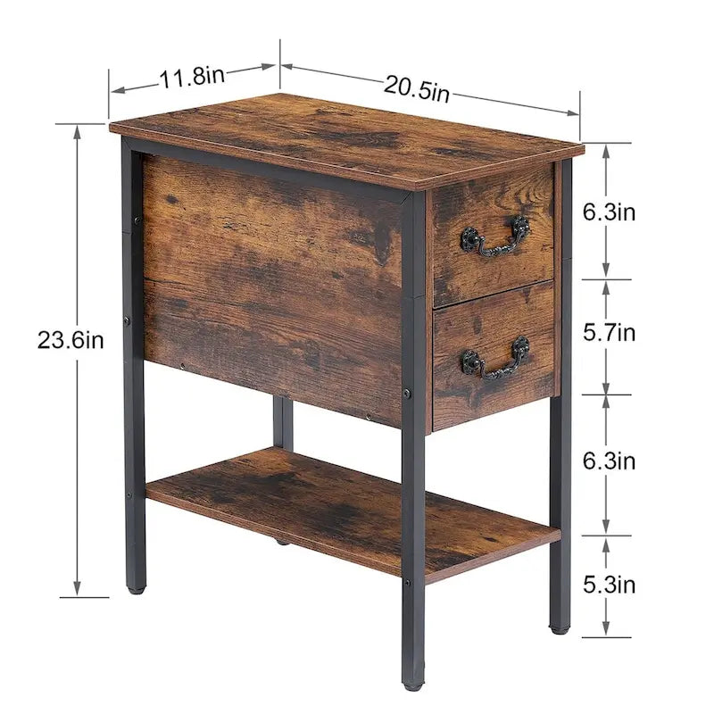Table de chevet étroite à 2 tiroirs de style industriel