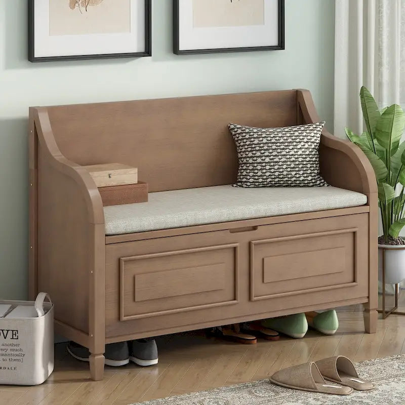 Banc de rangement multifonctionnel en bois massif de style rustique pour entrée avec charnière de sécurité