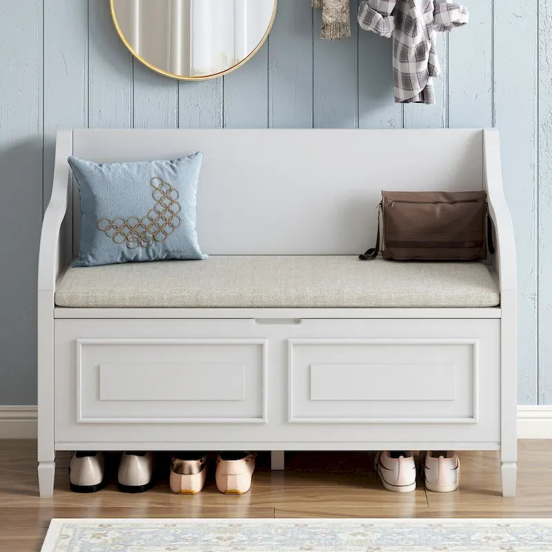 Banc de rangement multifonctionnel en bois massif de style rustique pour entrée avec charnière de sécurité