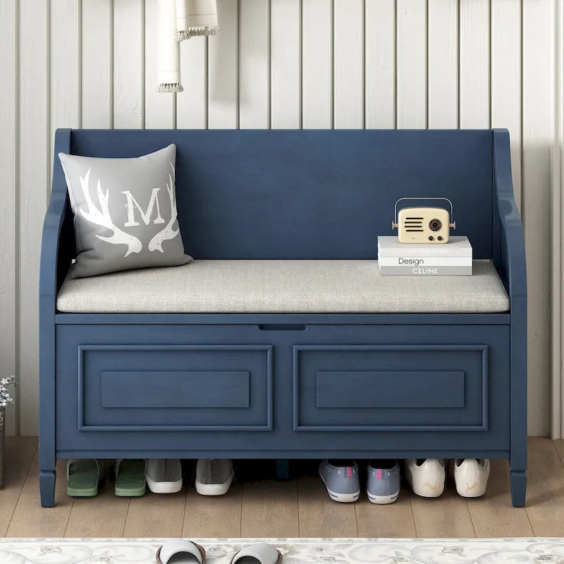 Banc de rangement multifonctionnel en bois massif de style rustique pour entrée avec charnière de sécurité