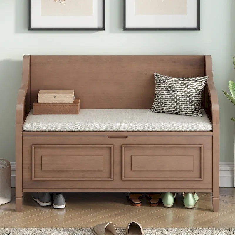 Banc de rangement multifonctionnel en bois massif de style rustique pour entrée avec charnière de sécurité