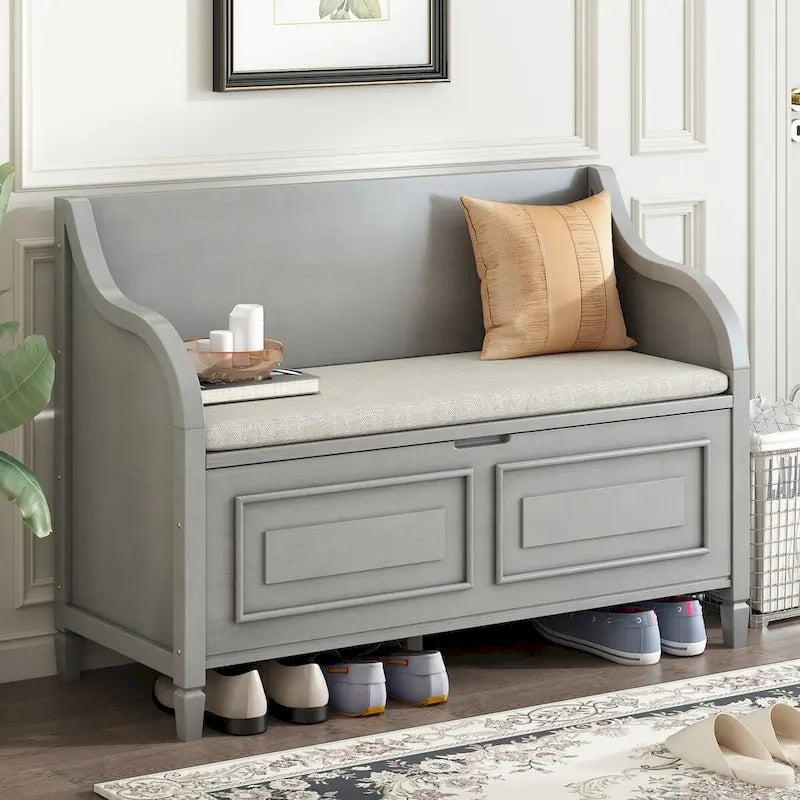 Banc de rangement multifonctionnel en bois massif de style rustique pour entrée avec charnière de sécurité