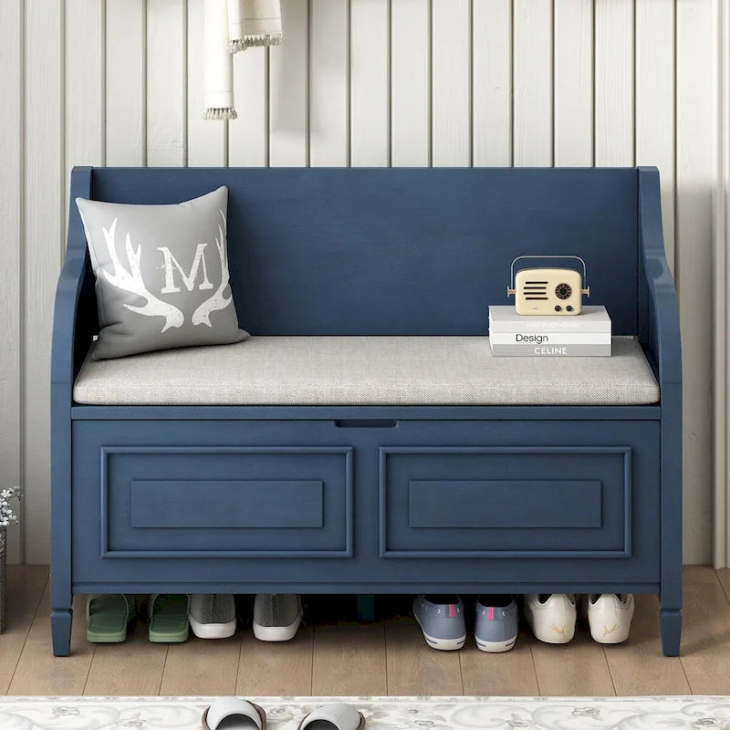 Banc de rangement multifonctionnel en bois massif de style rustique pour entrée avec charnière de sécurité