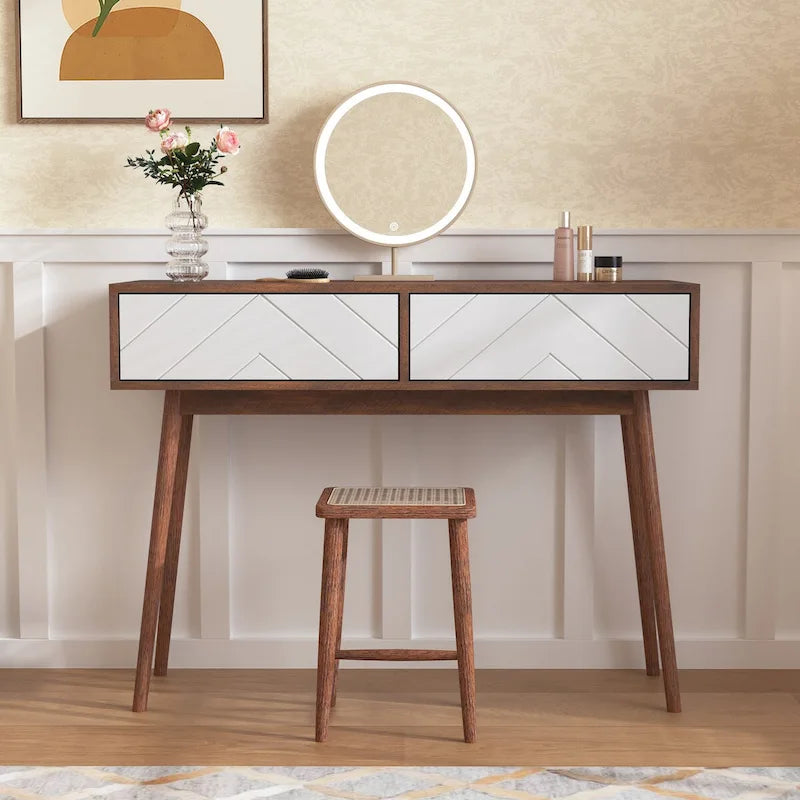 Table d'entrée avec 2 tiroirs à panneaux sculptés, table console avec espace de rangement et pieds en bois, table de canapé derrière le canapé pour le couloir