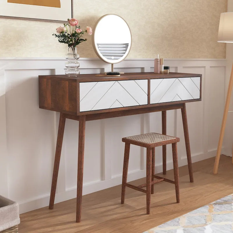 Table d'entrée avec 2 tiroirs à panneaux sculptés, table console avec espace de rangement et pieds en bois, table de canapé derrière le canapé pour le couloir