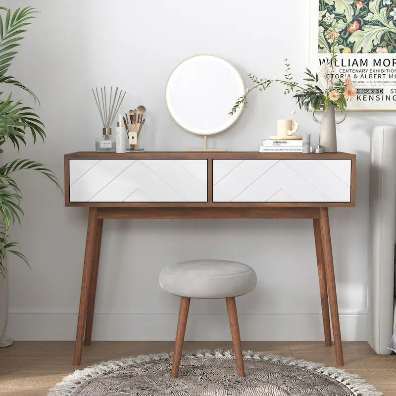 Table d'entrée avec 2 tiroirs à panneaux sculptés, table console avec espace de rangement et pieds en bois, table de canapé derrière le canapé pour le couloir