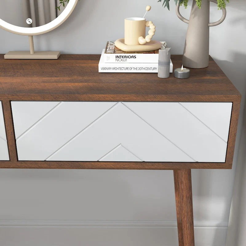 Table d'entrée avec 2 tiroirs à panneaux sculptés, table console avec espace de rangement et pieds en bois, table de canapé derrière le canapé pour le couloir