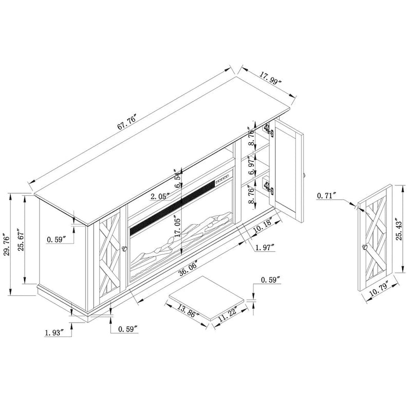 Meuble TV console de 68 po pour téléviseurs jusqu'à 75 po avec foyer