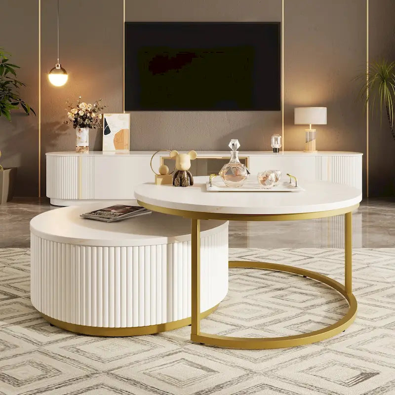 Table basse ronde moderne (avec tiroirs et finition à rayures verticales)