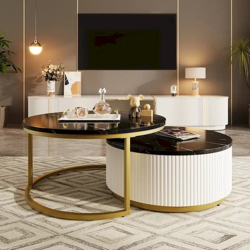 Table basse ronde moderne (avec tiroirs et finition à rayures verticales)