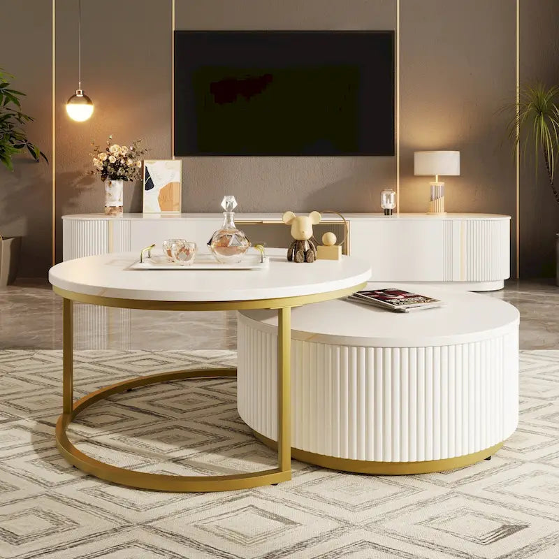 Table basse ronde moderne (avec tiroirs et finition à rayures verticales)