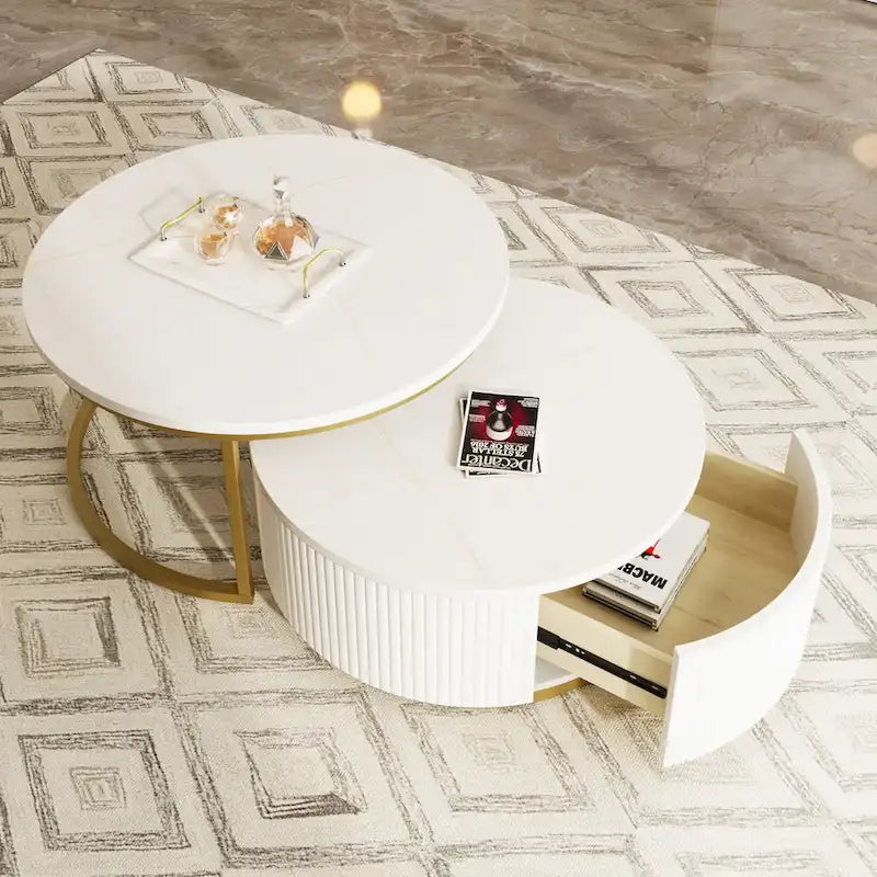 Table basse ronde moderne (avec tiroirs et finition à rayures verticales)