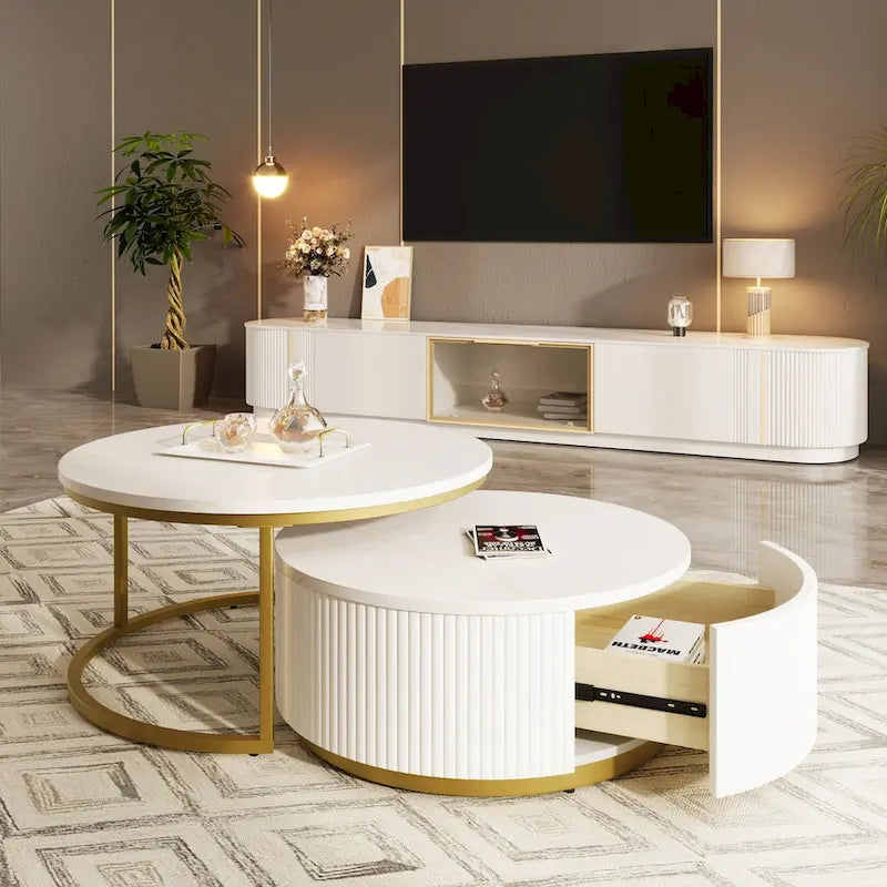 Table basse ronde moderne (avec tiroirs et finition à rayures verticales)