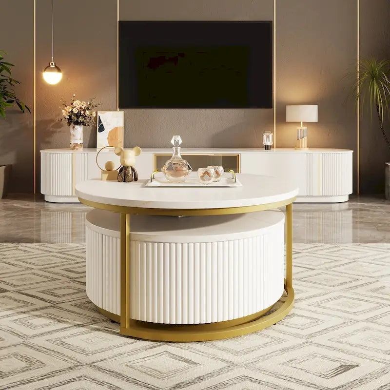 Table basse ronde moderne (avec tiroirs et finition à rayures verticales)