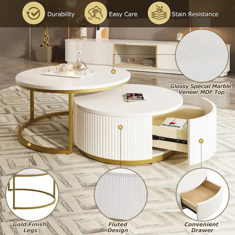 Table basse ronde moderne (avec tiroirs et finition à rayures verticales)