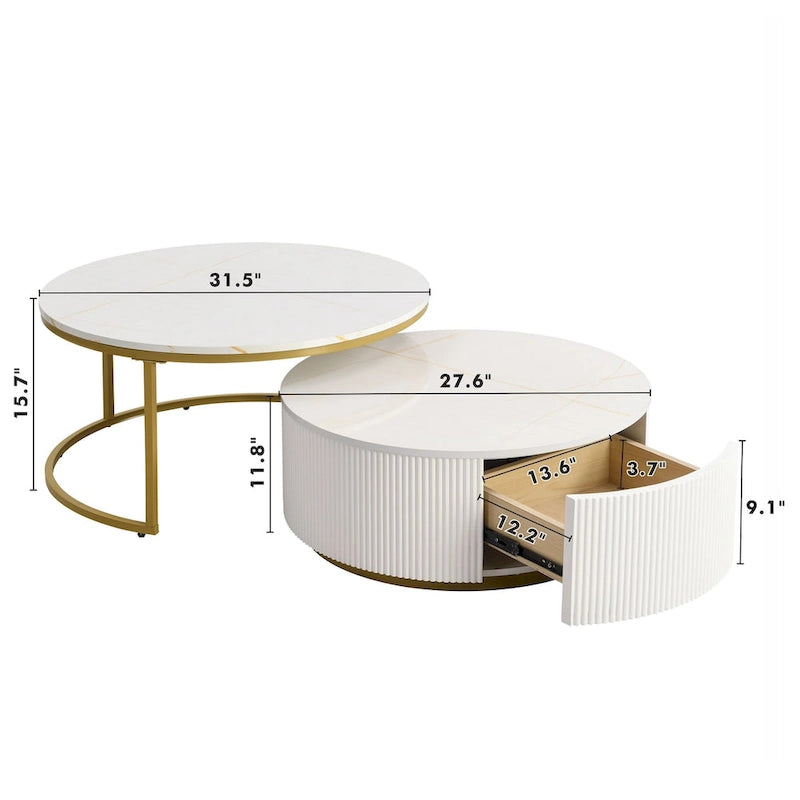 Table basse ronde moderne (avec tiroirs et finition à rayures verticales)