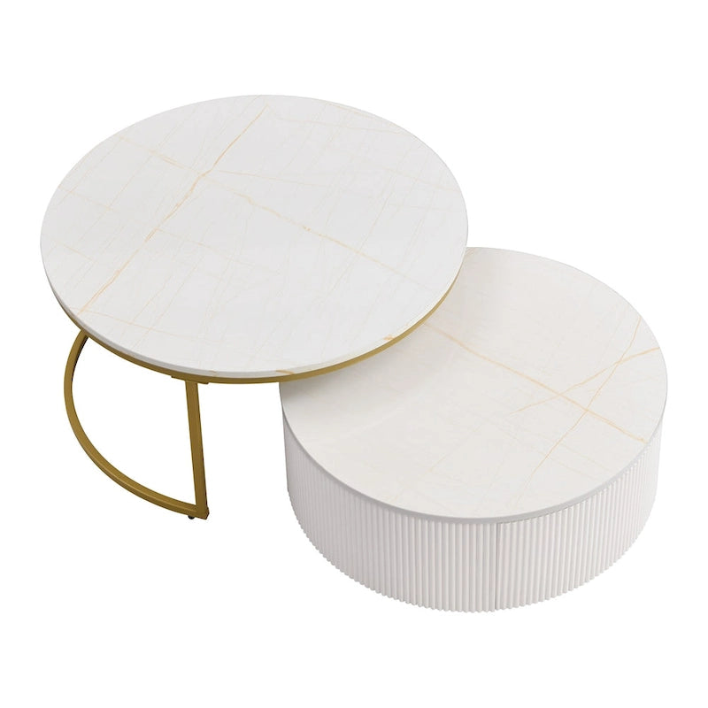 Table basse ronde moderne (avec tiroirs et finition à rayures verticales)