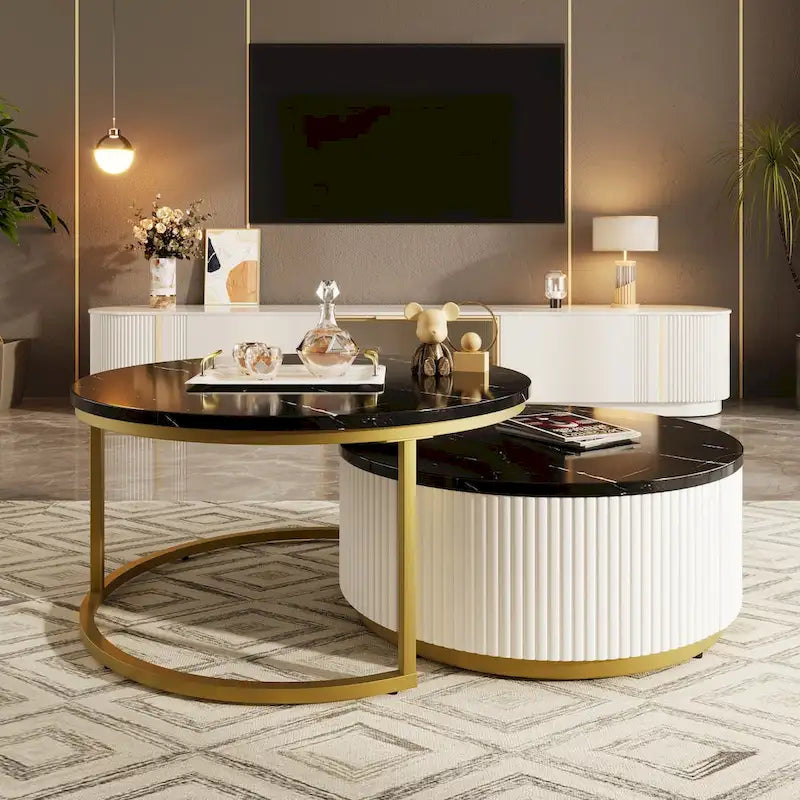 Table basse ronde moderne (avec tiroirs et finition à rayures verticales)