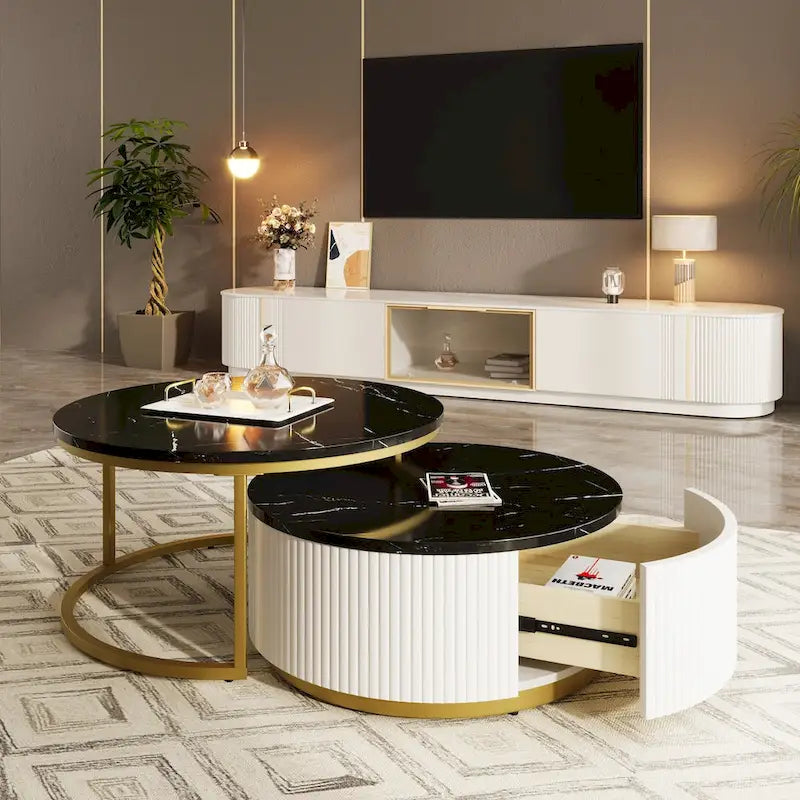Table basse ronde moderne (avec tiroirs et finition à rayures verticales)