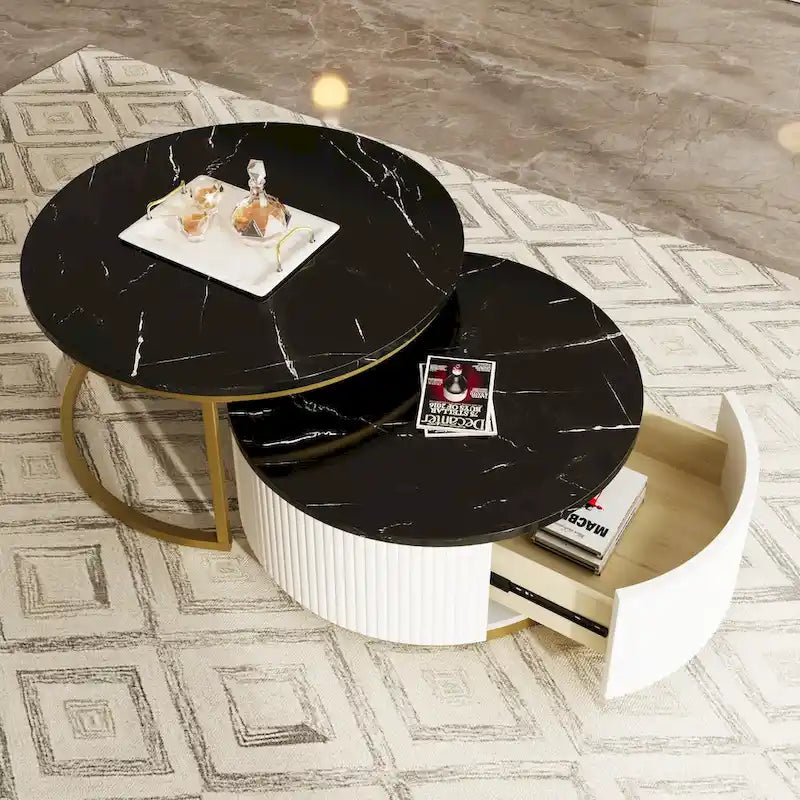 Table basse ronde moderne (avec tiroirs et finition à rayures verticales)