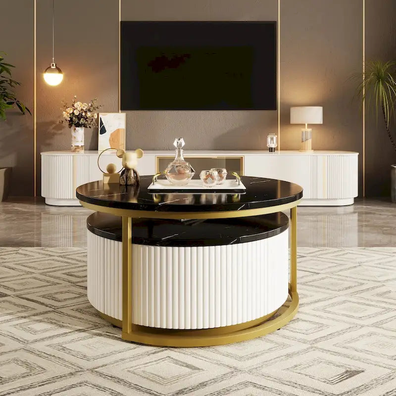 Table basse ronde moderne (avec tiroirs et finition à rayures verticales)