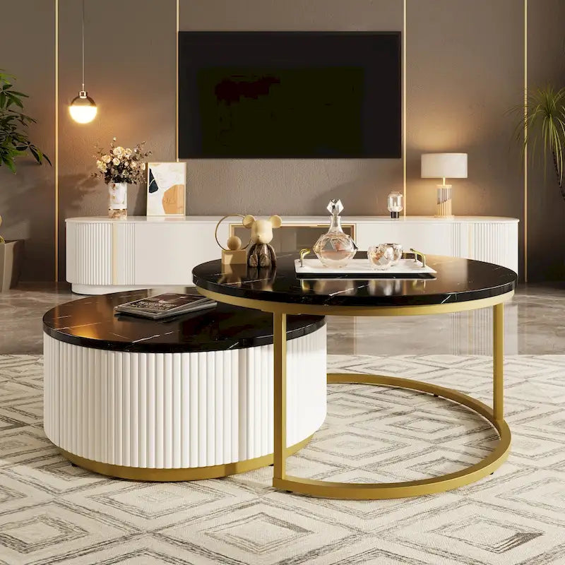 Table basse ronde moderne (avec tiroirs et finition à rayures verticales)